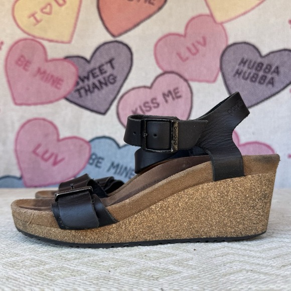 Size 38/L7 - Black Leather BIRKENSTOCK PAPILLIO Open Toe Slingback Wedge Sandals - Picture 1 of 8